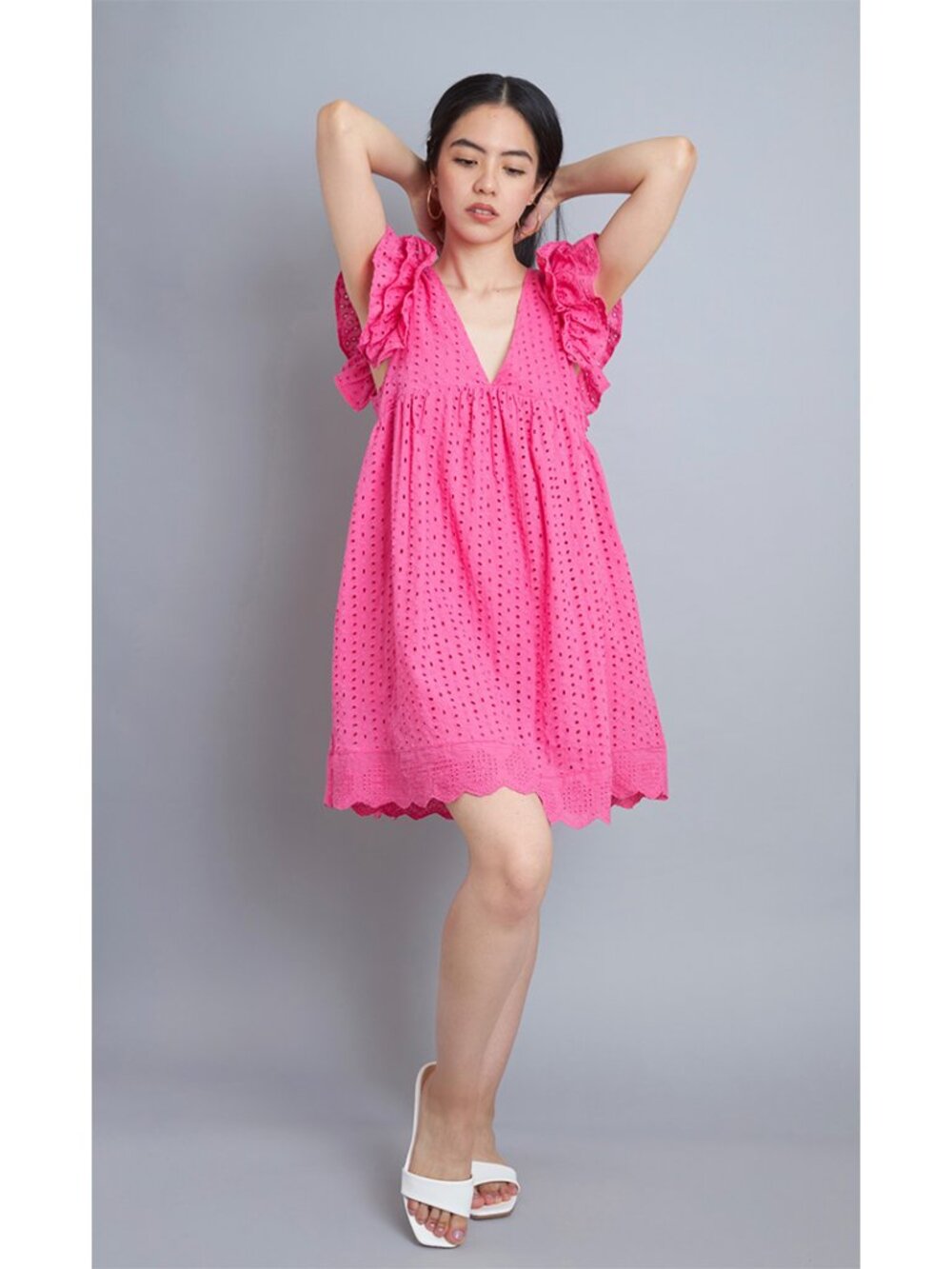 Pink Eyelet Embroidered Babydoll Dress With Built-In Shorts